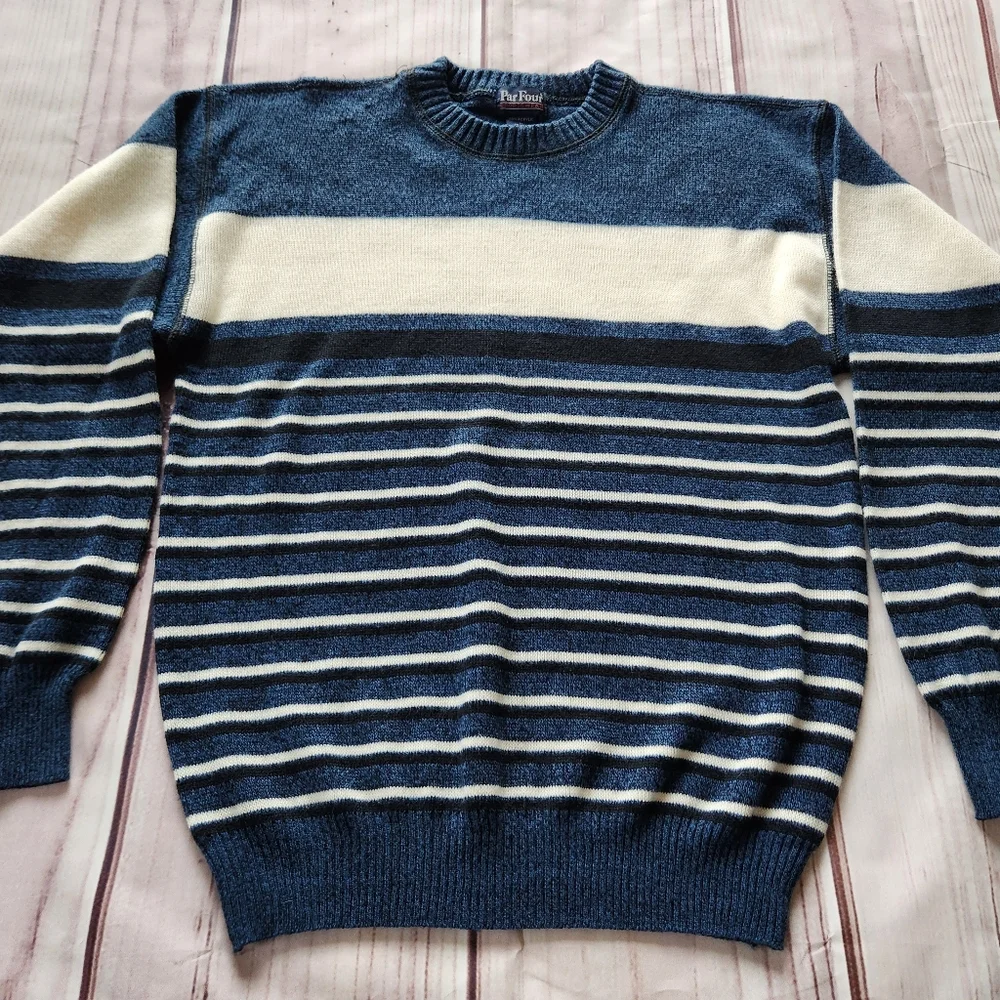 Par Four Vintage Golf Sweater Striped Blue Black White | Men's Size L